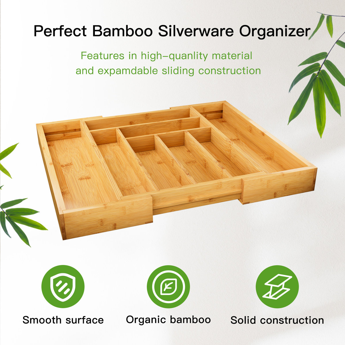 Luzius Bamboo Adjustable Expandable 8 Slot Flatware Drawer Organizer Silverware Organizer for Kitchen Utensils